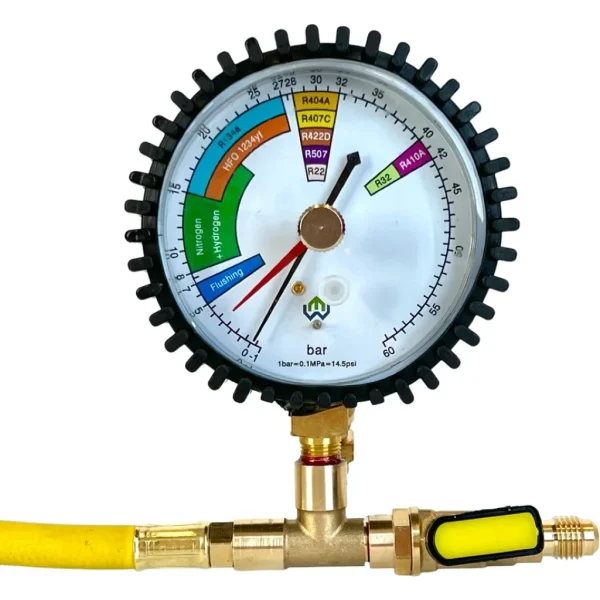 HVAC Nitrogen Pressure Test Manifold Gauge (0-60 bar / 0-14.5 psi) Compatible with R22 R32 R404A R407C R410A R422D R507 R134a HFO 1234yf Systems - Imagem 4