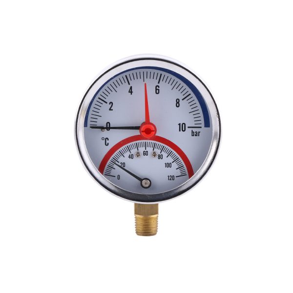 Radial Thermopressure Gauge 80mm Iron Case with Copper Joint (0-10bar, 0-120°C) for HVAC Systems - Imej 5
