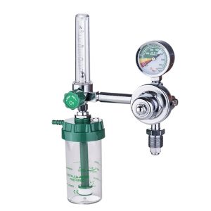Oxygen Inhaler Flowmeter Regulator (0-25MPa, 1-15L/min) with G5/8 Interface and Humidifier Bottle, Downward Outlet for Medical Gas Systems