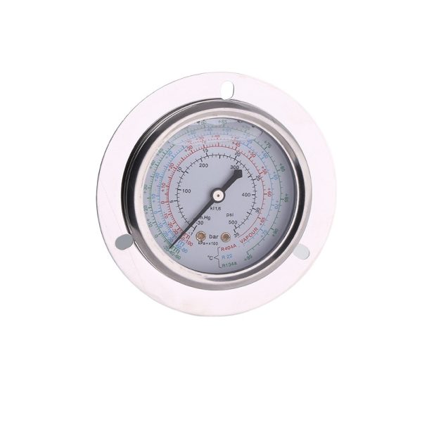 FQN630 63mm Axial Oil-Filled Refrigerant Pressure Gauge with Flange for R22, R404A, R134a Systems - Anti-Vibration HVAC Gauge