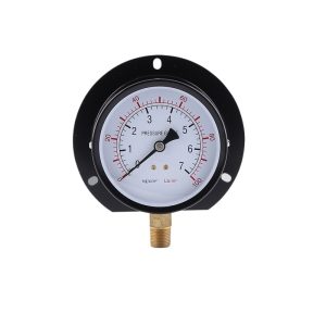 Pressure Gauge 100mm Dial Radial Mount Black Iron Case Flange Type with 0-3 kg/cm2, 0-100 Lb/in2 Range for HVAC Pressure Monitoring