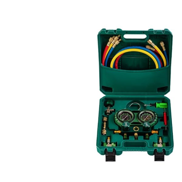 Automotive AC Refrigerant Manifold Gauge Set (R134A, R22, R410A) with Dual Pressure Gauges, Hoses & Adapters