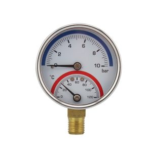 Y63 Radial Combined Pressure Temperature Gauge (0-10 Bar, 0-120°C) with Brass Connection, Stainless Steel Housing