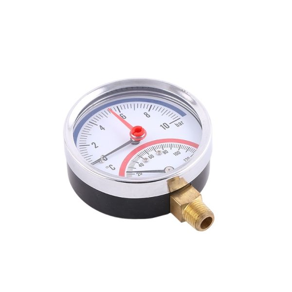 Radial Thermopressure Gauge 80mm Iron Case with Copper Joint (0-10bar, 0-120°C) for HVAC Systems - Imej 2