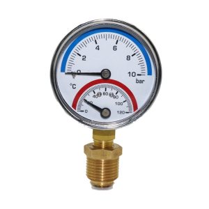 Water Pipe Pressure Gauge with Temperature Display (0-10 Bar, 0-120 °C) for Underfloor Heating Systems