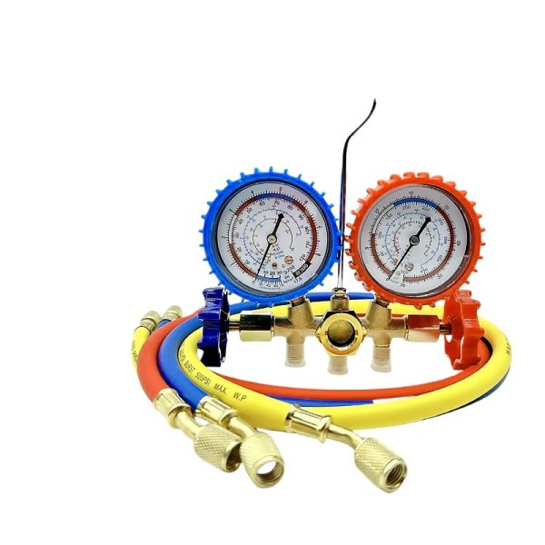 Refrigerant Manifold Gauge Set (R22/R134a/R12/R404a) with Brass Valve Body and Hoses for AC/Automotive Maintenance