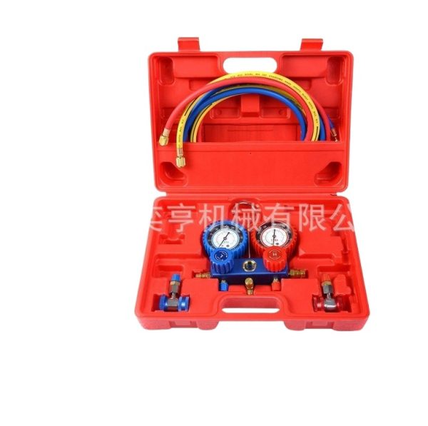 Automotive R134a AC Manifold Gauge Set (Dual Pressure Gauges, Three-Color Hoses) for Refrigerant Charging and Diagnosis