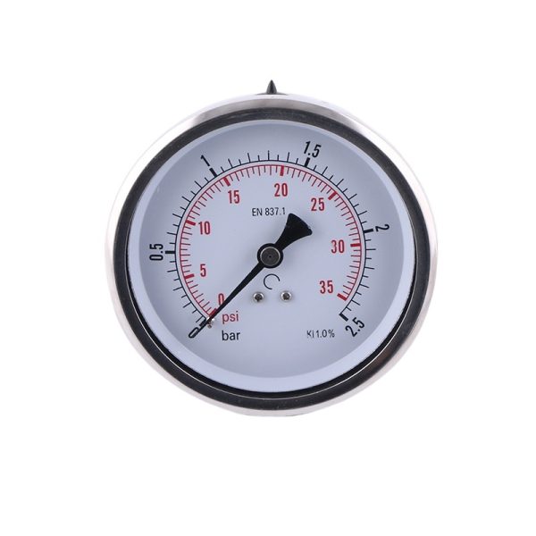 100mm Axial Eccentric Oil-Filled Pressure Gauge with Stainless Steel Case and Copper Connection for HVAC Systems, 4-inch Dial, YN100ZC
