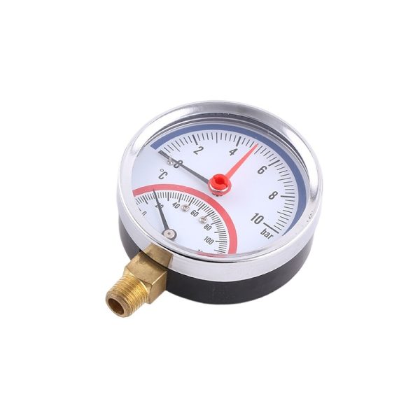 Radial Thermopressure Gauge 80mm Iron Case with Copper Joint (0-10bar, 0-120°C) for HVAC Systems - Imej 3