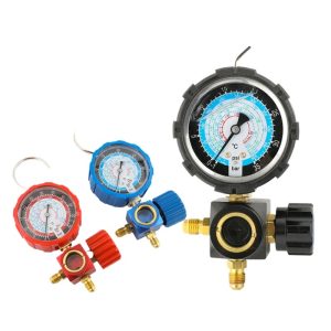 Refrigerant Pressure Gauge Valve Kit (0-35bar/0-55bar, Oil-filled, Brass Connector) for R22 R32 R410 R134a R404A HVAC Systems