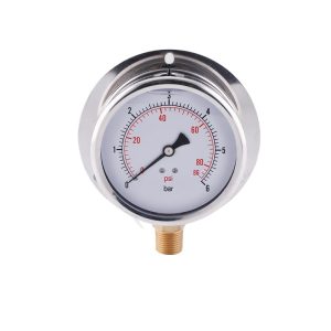 Radial Glycerin Filled Pressure Gauge (100mm, 0-6bar/psi) with Stainless Steel Case, Copper Connector & 4-inch Back Flat Flange, Replaces YN100ZQ