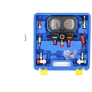 Automotive AC R134a Manifold Gauge Set with Hoses and Quick Couplers for Refrigerant Charging and Diagnostics