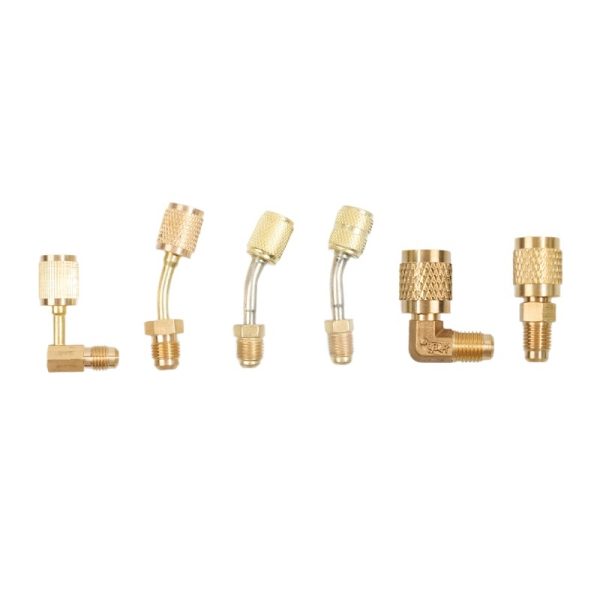 HVAC Refrigerant Charging Converter Adapter (R22/R410, Male/Female, 90°/Straight Brass Coupler) for Air Conditioning Systems