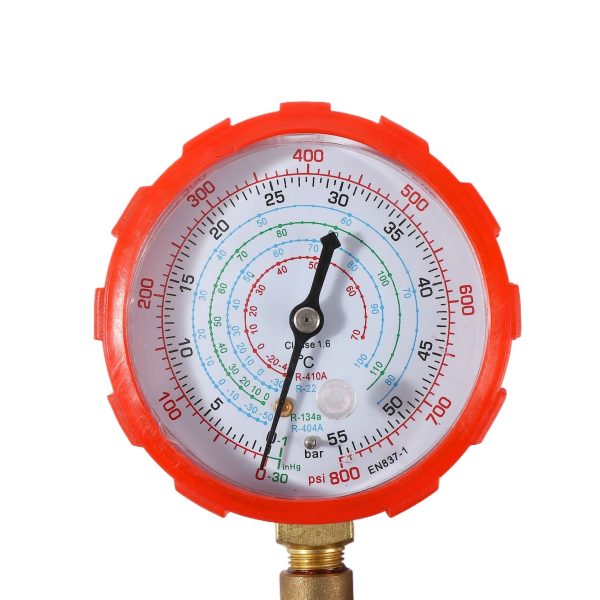 Refrigerant Charging Gauge (0-800 psi) with Brass Valve and Red Metal Handwheel for R22, R134, R410A, R404A HVAC Systems - Изображение 3