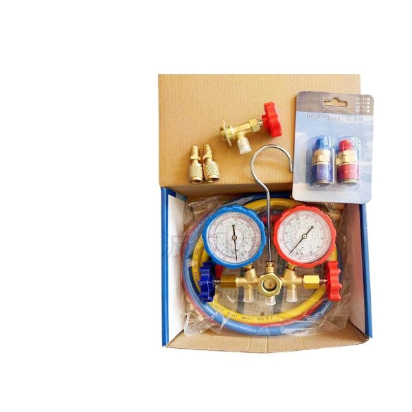 Automotive AC Refrigerant Manifold Gauge Set (R134a, R22, R410, R404 Compatible) with Brass Valve Body and Anti-Vibration Gauge