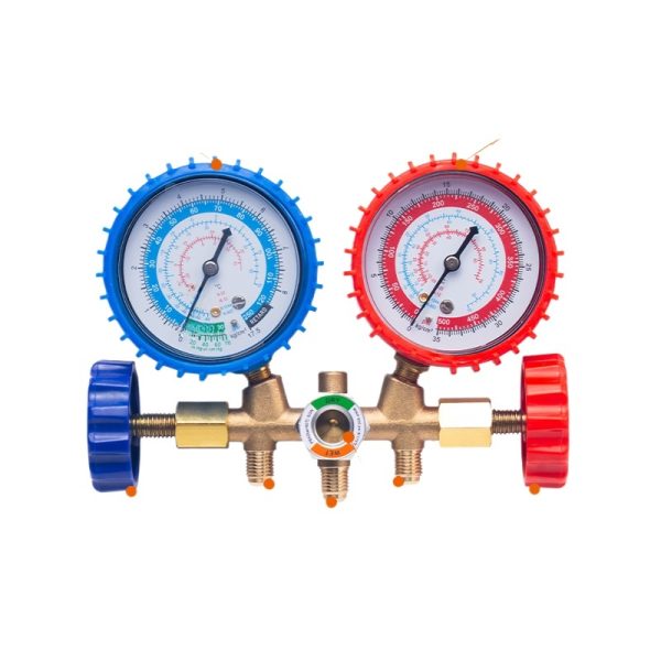 AC Refrigerant Manifold Gauge Set with Anti-Collision Sleeve and Pressure Relief for R134a, R22, R404, R407, R410 - Imej 2