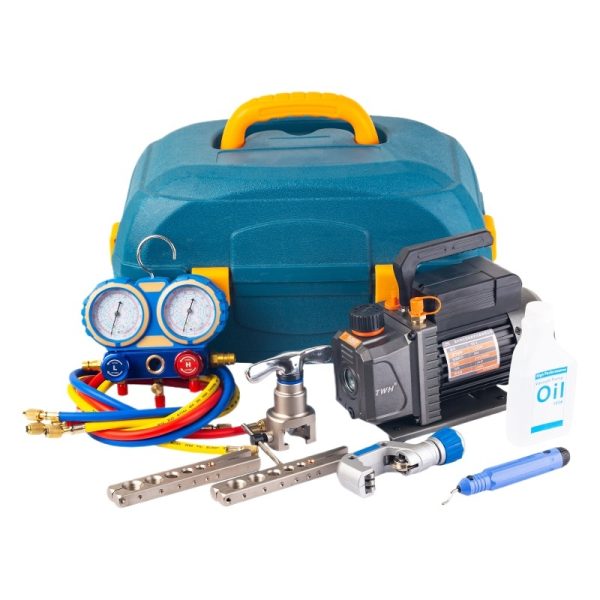 Automotive AC Refrigerant Charging Tool Kit with Vacuum Pump and Manifold Gauge Set for R134a R22 R410a
