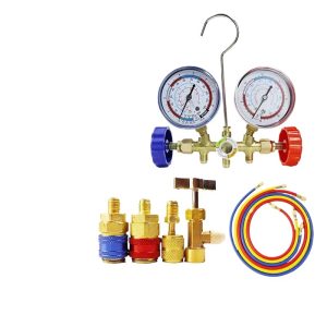 Automotive Home AC Manifold Gauge Set (R134a, R12, R22, R410A) for Refrigerant Charging and Pressure Testing, Full Brass Valve, High/Low Pressure Gauge Kit