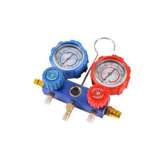 HVAC Manifold Gauge Set with Sight Glass & Hook, High/Low Pressure Gauge (R22/R410/R134a), 1/4" SAE Thread, Copper-Aluminum Body for AC Refrigerant Charging & Testing
