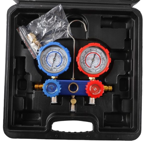 HVAC Manifold Gauge Set with Sight Glass & Hook, High/Low Pressure Gauge (R22/R410/R134a), 1/4" SAE Thread, Copper-Aluminum Body for AC Refrigerant Charging & Testing - Изображение 3