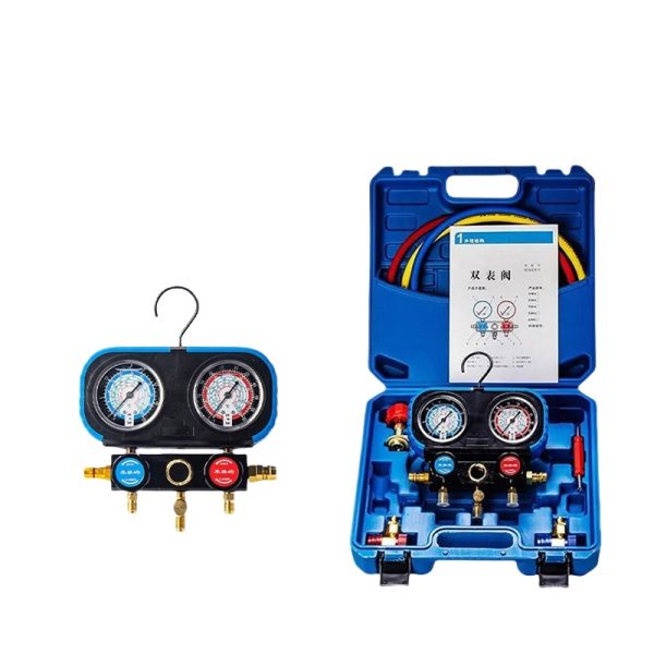 Mechanical Silicone Oil Dual Gauge Manifold Set with -1-35bar & -1-55bar Pressure Range for Household/Automotive AC Refrigerant Charging Tool