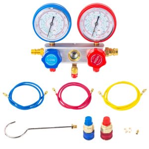 Automotive R410A R22 Refrigerant Manifold Gauge Set with Hoses and Adapters for AC Recharging and Recovery