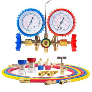 R134a AC Manifold Gauge Set with Dual Gauges and Hoses for Automotive AC Recharging and Diagnostics