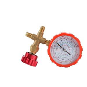 Refrigerant Charging Gauge (0-800 psi) with Brass Valve and Red Metal Handwheel for R22, R134, R410A, R404A HVAC Systems