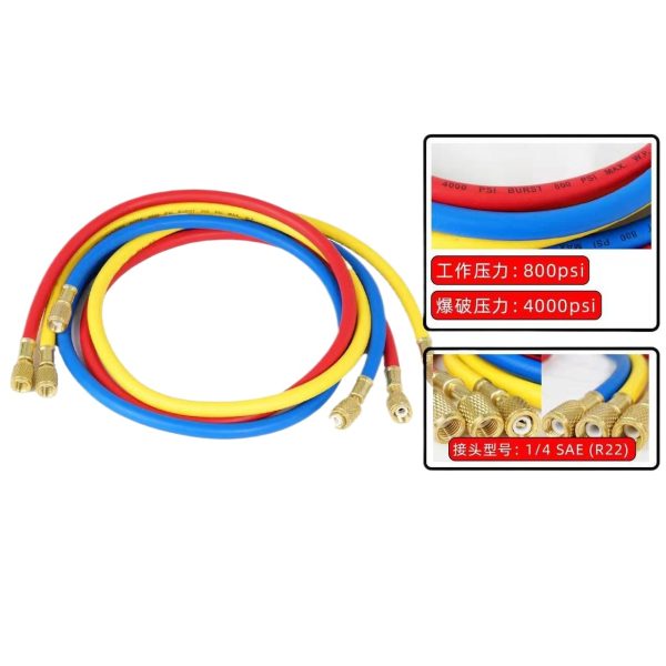 High Pressure Refrigerant Charging Hoses (3-Pack) 1.2M 1.5M 1.8M with Brass Fittings for R12 R22 R134a R404 R502 R410 HVAC Systems - รูปภาพ 2