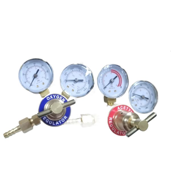 Dual Gauge Oxygen Acetylene Pressure Reducer Regulator Kit for Welding Cutting, Solid Brass Construction - Gambar 2