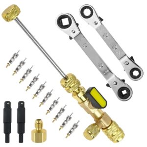 HVAC Refrigeration Ratchet Wrench Set with Valve Core Remover Tool Kit 1/4" 3/16" 5/16" 5/8" Square Opening for AC Repair