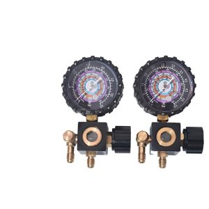 R22 R410 Refrigerant Manifold Gauge Set with Bleeding Function (Low Pressure -1 to 35 bar, High Pressure -1 to 55 bar) for HVAC R22 R410 Systems