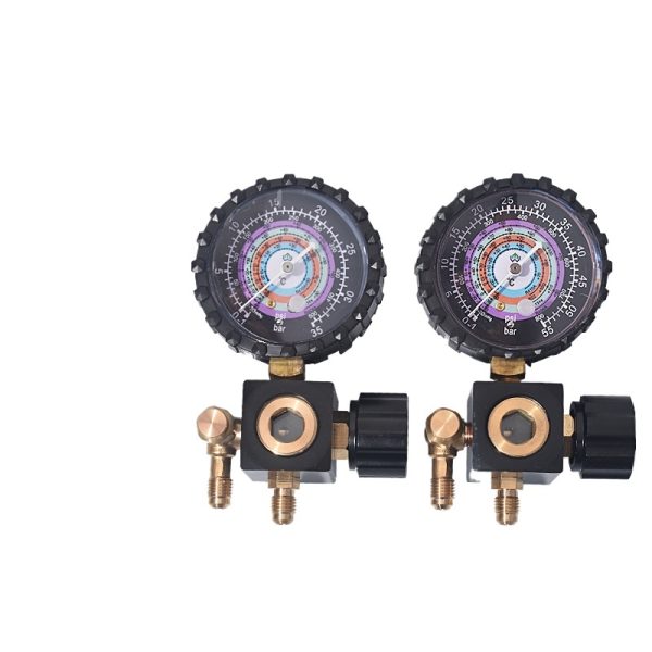 R22 R410 Refrigerant Manifold Gauge Set with Bleeding Function (Low Pressure -1 to 35 bar, High Pressure -1 to 55 bar) for HVAC R22 R410 Systems