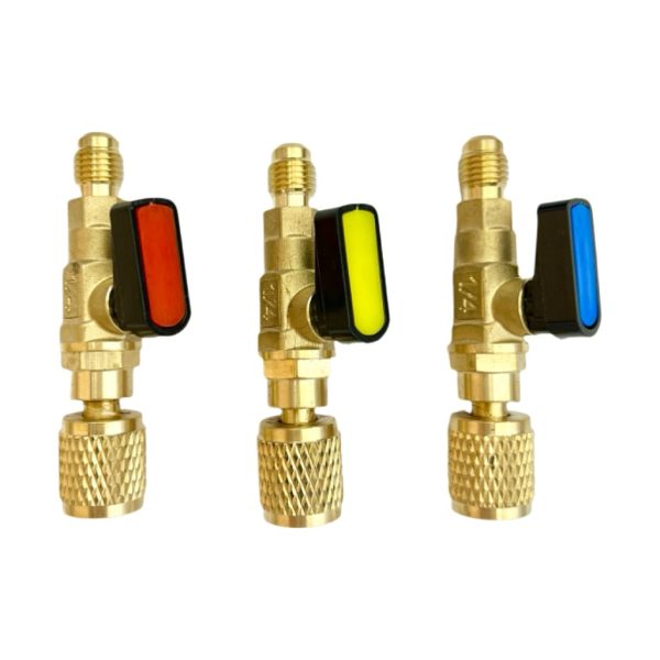 1/4" Refrigerant Ball Valve for R22 R410A HVAC AC Charging Hoses, Set of 3 (Red, Yellow, Blue)