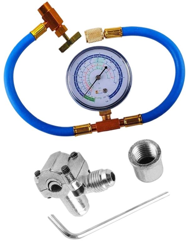 R134a AC Refrigerant Charging Valve Kit with Manifold Gauge and Bullet Piercing Valve for Car HVAC Systems