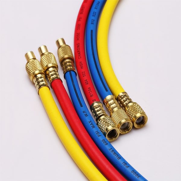 AC Refrigerant Charging Hoses (3-Pack) 500-2500psi/600-3000psi for R134a, R12, R410 HVAC Systems - Imej 3