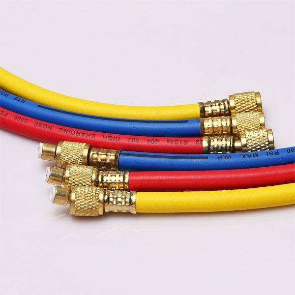 AC Refrigerant Charging Hoses (3-Pack) 500-2500psi/600-3000psi for R134a, R12, R410 HVAC Systems - Imej 4