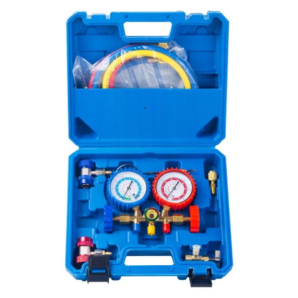 AC Refrigerant Manifold Gauge Set with Anti-Collision Sleeve and Pressure Relief for R134a, R22, R404, R407, R410 - Imej 5