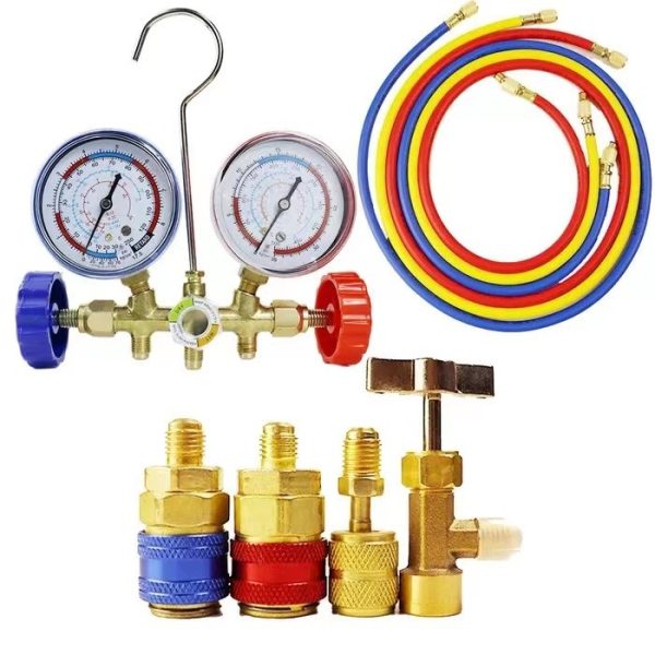 Automotive Home AC Manifold Gauge Set (R134a, R12, R22, R410A) for Refrigerant Charging and Pressure Testing, Full Brass Valve, High/Low Pressure Gauge Kit - Gambar 2