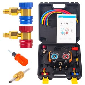 HVAC Manifold Gauge Set (Dual Pressure Gauges) for R22 R134a R410A R32 Refrigerant Systems, Recharging Kit with Hoses and Adapters